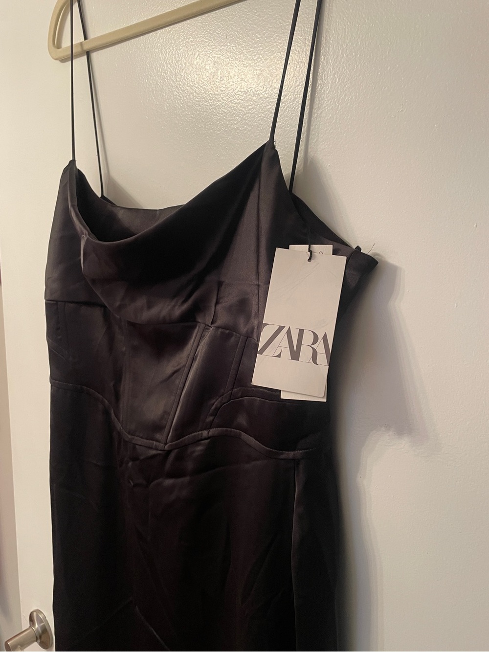 🆕NWT ZARA Black Corset Satin Formal Dress with Slit and Spaghetti Straps size XL - Picture 9 of 15